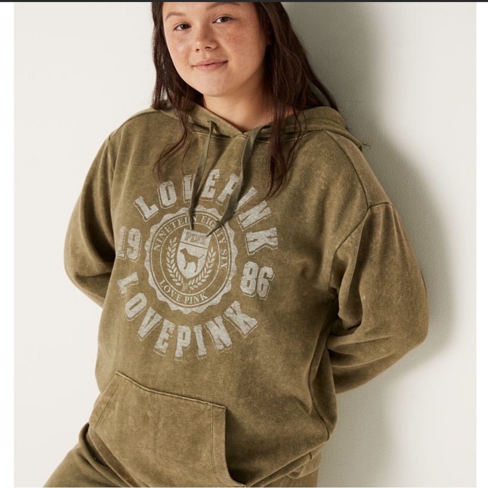 💗VS PINK VINTAGE GREEN WASH HERITAGE LOGO PULLOVER HOODIE